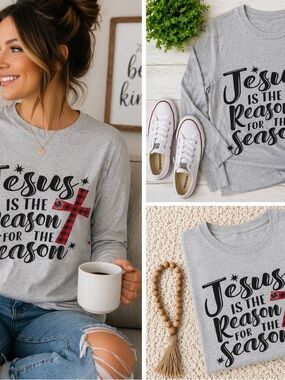 Heather Grey Holiday Graphic Tee with Plaid Cross